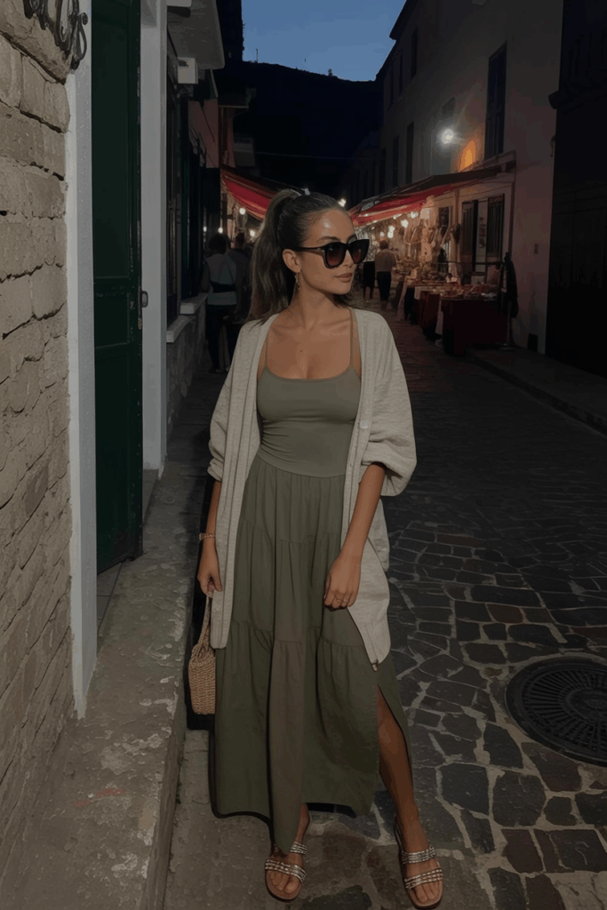 a muted olive cotton maxi dress with an oversized beige cardigan, flat sandals, and large sunglasses