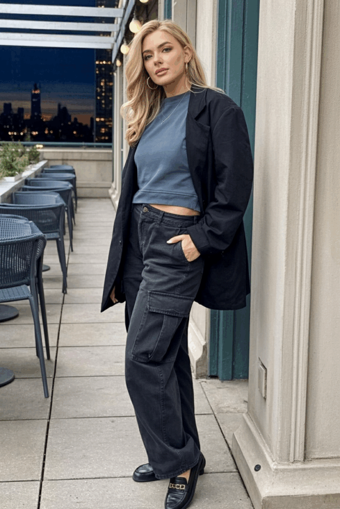 aded black cargo pants, a slate blue crewneck, and loafers