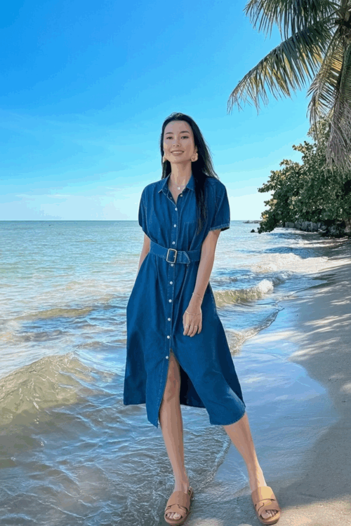 belted navy button-down midi dress with short sleeves, tan sandals