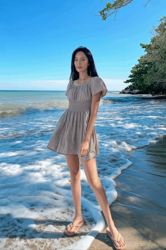 woman in a short airy taupe dress with neutral flip-flops, long legs visible, standing where waves meet the shore