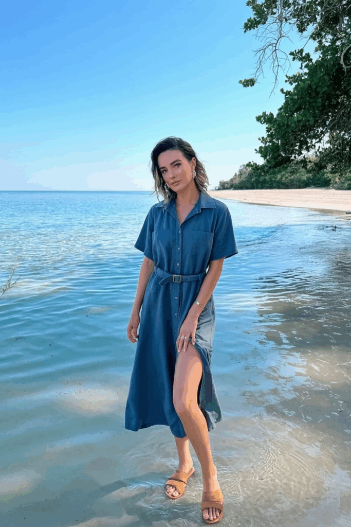 belted navy button-down midi dress with short sleeves, tan sandals