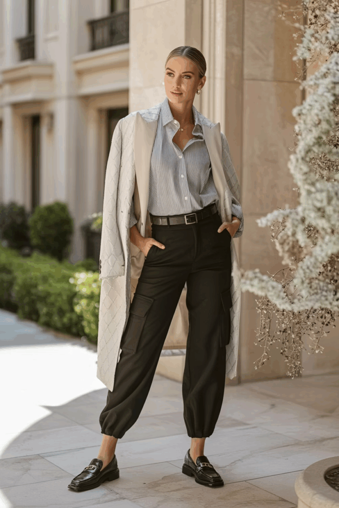 black cargo pants, a tucked-in pinstripe shirt, and polished black loafers