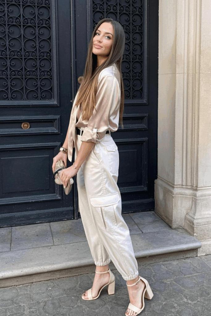 cream cargo pants, a champagne silk blouse with the sleeves rolled up, and nude ankle-strap heel