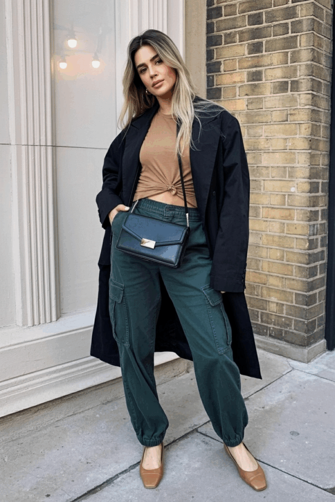 dark green cargo pants, a tucked tan tee, tan ballet flats, and carrying a structured black crossbody bag