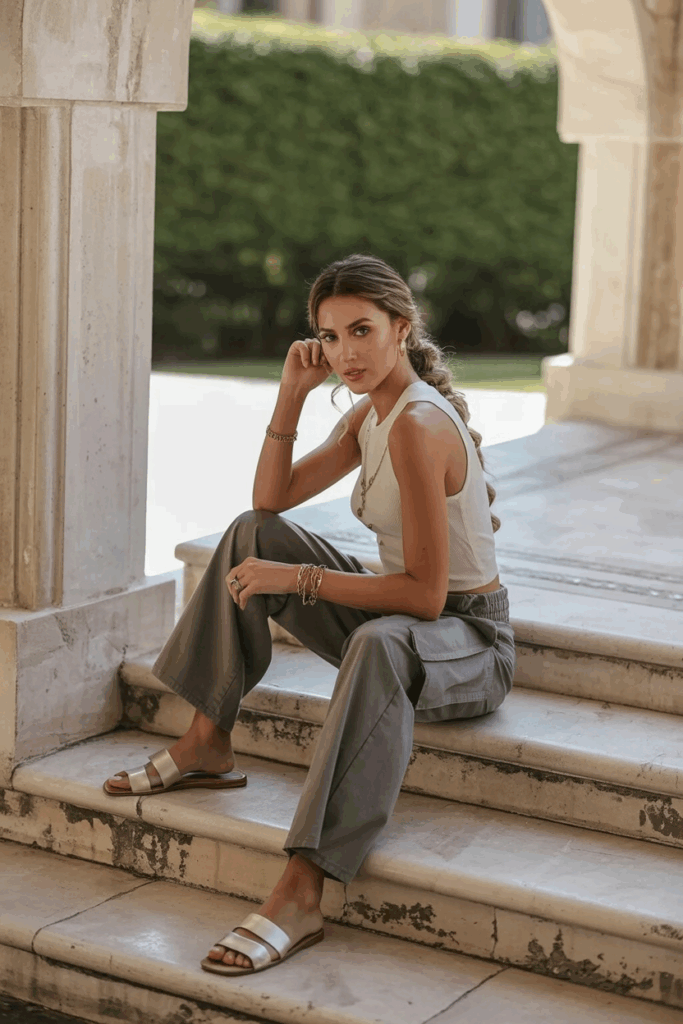 gray cargo pants, a sleeveless ivory top, flat leather sandals, and delicate gold bracelets
