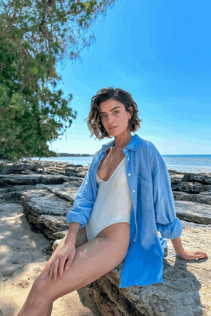 in an oversized light blue button-down shirt, unbuttoned over a white one-piece swimsuit, sleeves casually rolled, sitting on beach rocks