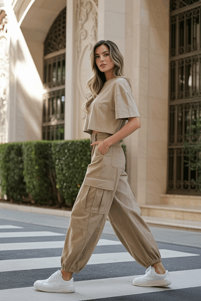 khaki cargo pants, a boxy cropped tee, and bright white sneakers
