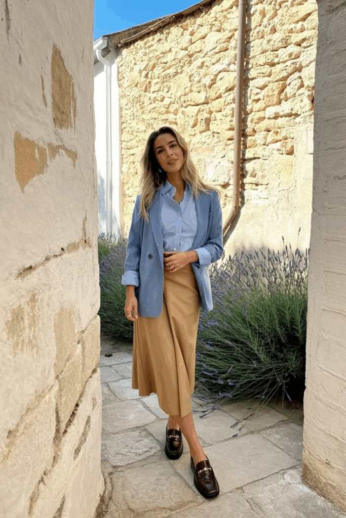 light blue oxford shirt tucked into a tan midi skirt with chocolate loafers and a tailored blazer