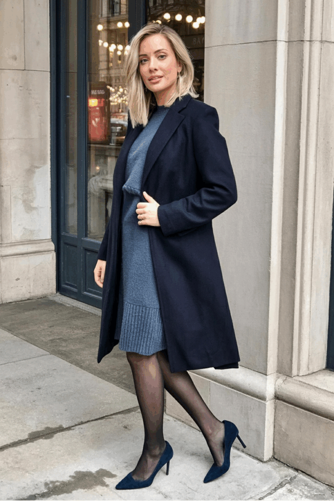Model in a deep navy coat with clean lines over a slate-gray knit dress, black tights, and matching navy suede heel