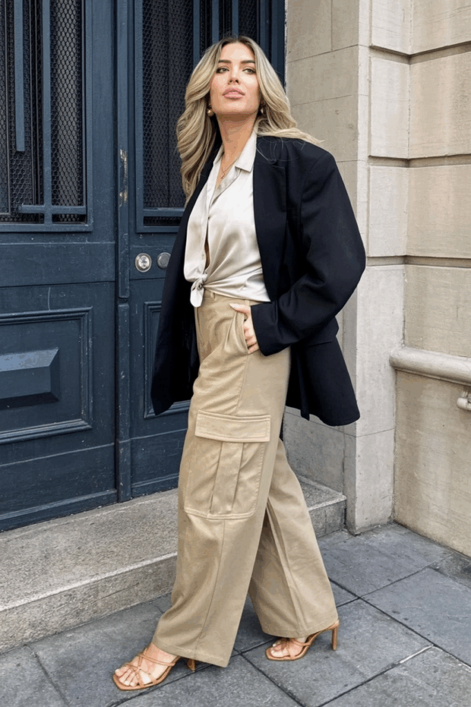 beige high-waisted cargo pants with flat front pockets, a tucked-in ivory blouse, and tan strappy sandals