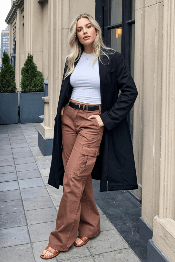 rust cargo pants, a white fitted tee, and brown leather sandals