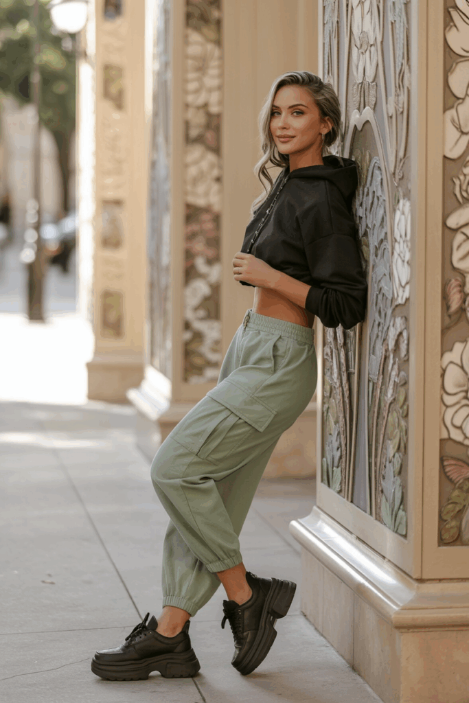 sage cargo pants, a cropped hoodie, and chunky black platform sneakers