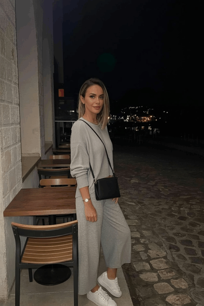 soft grey knit sweater and matching wide-leg pants, white sneakers, and a simple crossbody bag