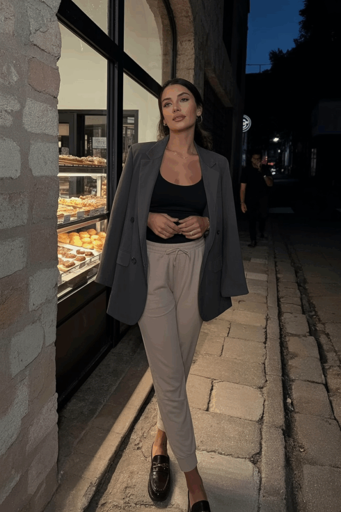 tapered beige joggers, a fitted black tank, and an oversized blazer with loafers