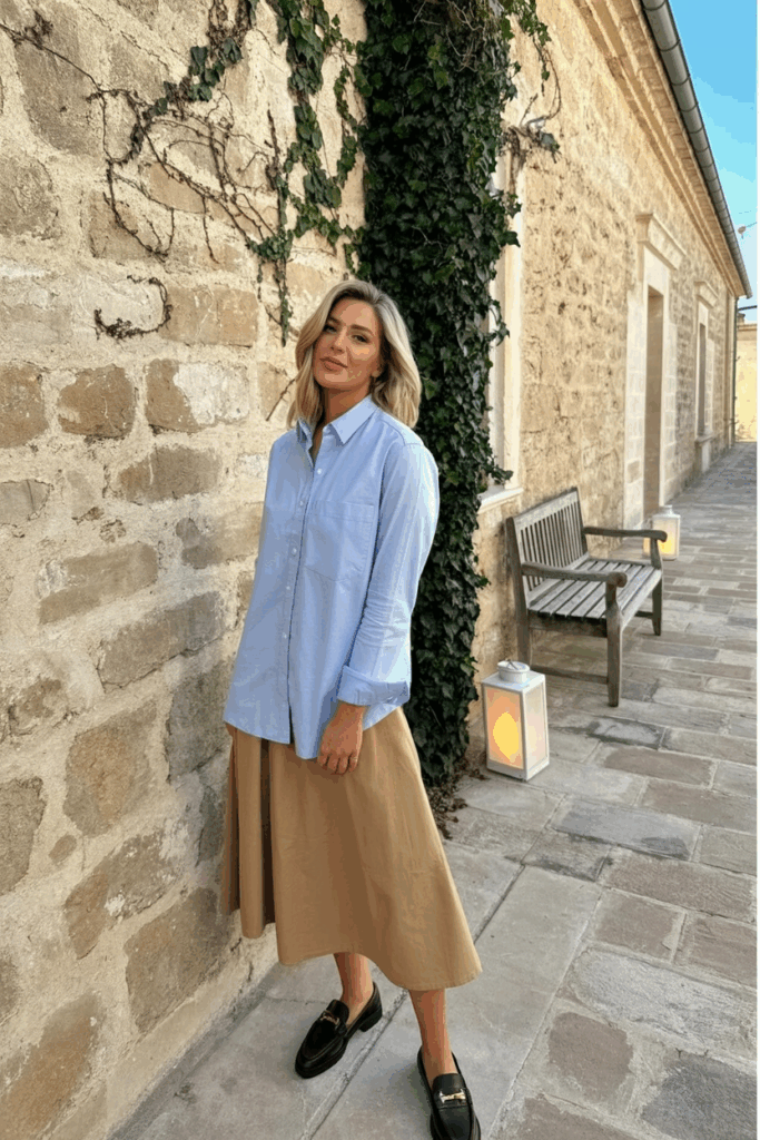 wearing a light blue oxford shirt tucked into a tan midi skirt with chocolate loafers
