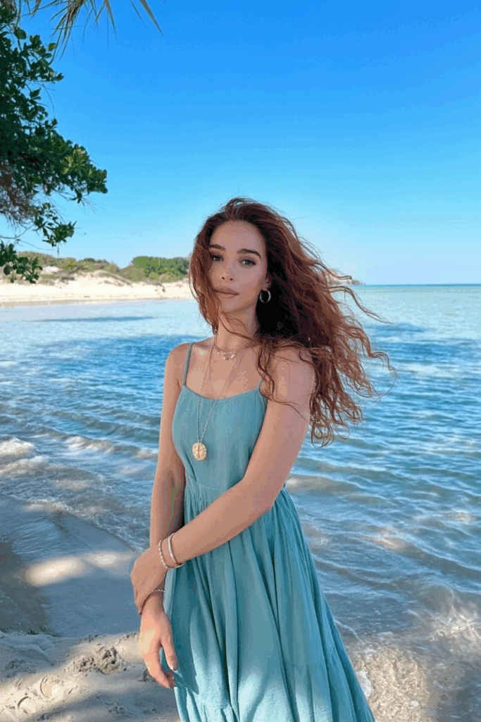 wearing a seafoam green flowing maxi dress with thin straps, minimal