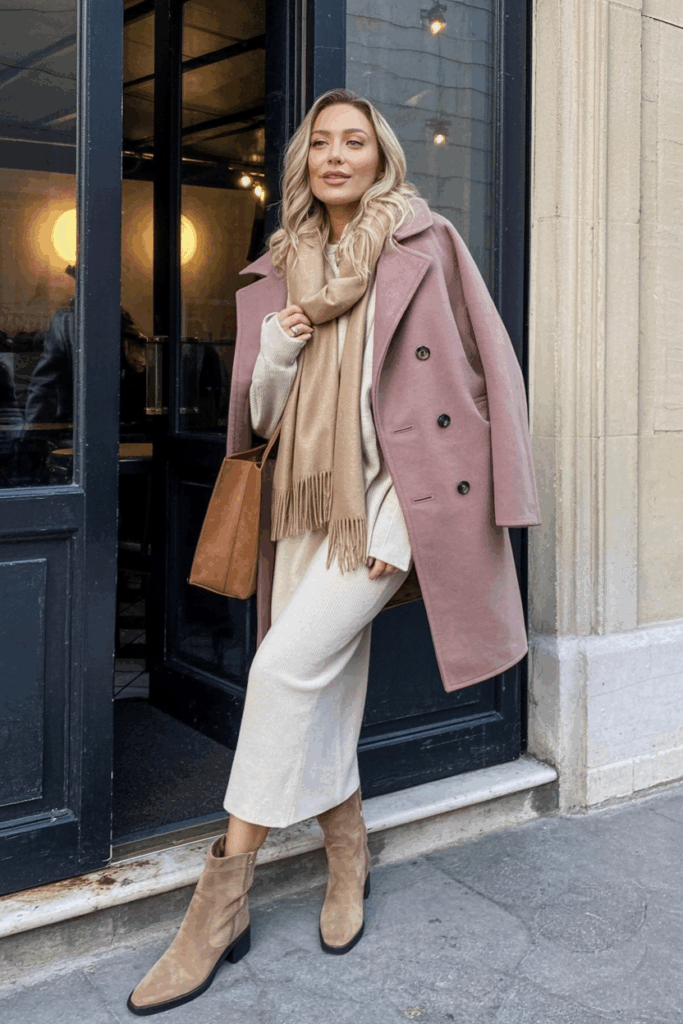 wears a dusty cocoon coat over a cream knit sweater and matching midi skirt. Biscuit suede knee boots and a brown tote add depth. A fringed oatmeal scarf wraps at her neck.
