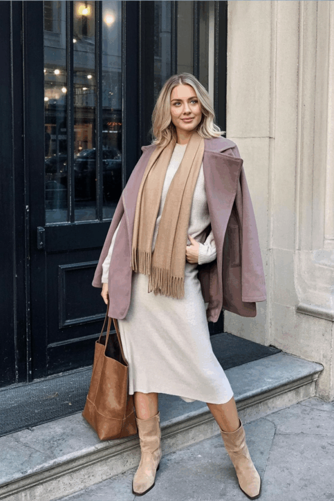 wears a dusty rose cocoon coat over a cream knit sweater and matching midi skirt. Biscuit suede knee boots and a brown tote add depth. A fringed oatmeal scarf wraps at her neck.