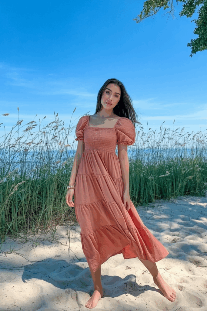 woman in a coral sundress with puff sleeves and a tiered skirt at calf length