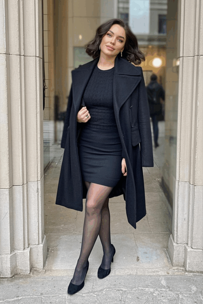 woman in a deep deep charcoal coat with clean lines over a knit dress, black tights, and matching suede heel