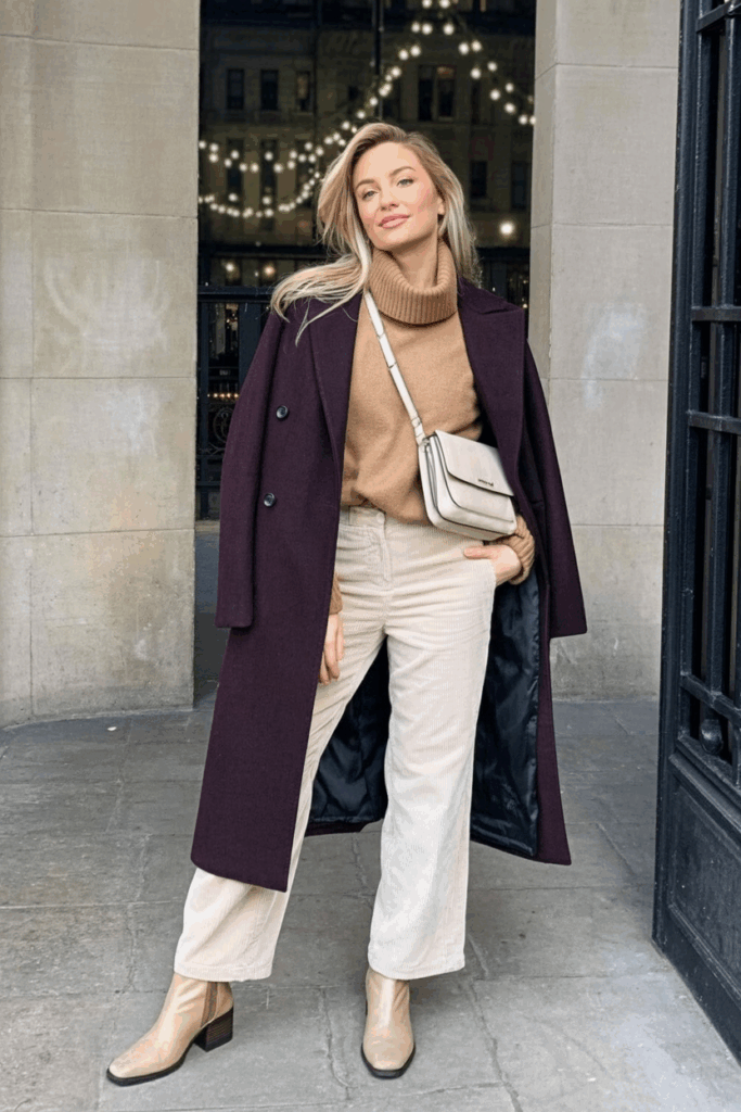 woman in a rich burgundy coat over a biscuit-colored wool turtleneck and ivory corduroy pants. She wears beige ankle boots and a cream crossbody