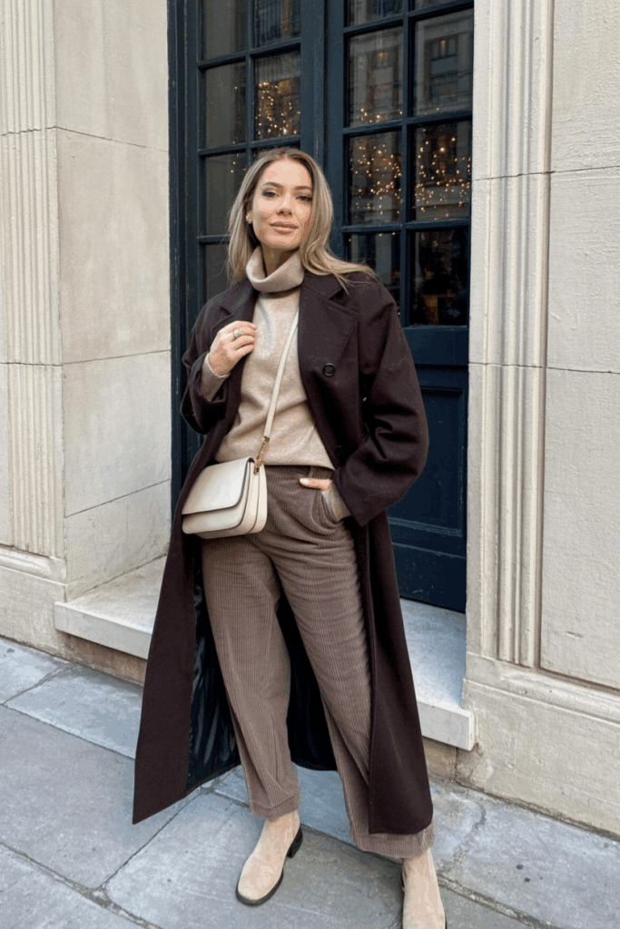 woman in a rich chocolate brown coat over a wool turtleneck and corduroy pants. She wears beige ankle boots and a cream crossbody