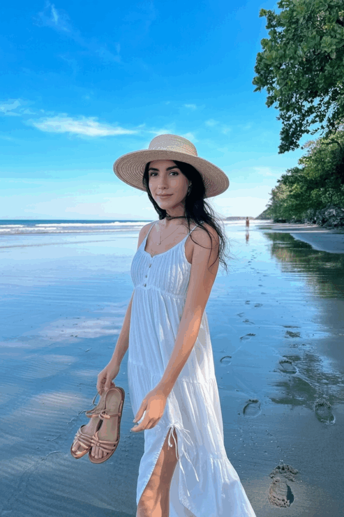 woman in a white sundress and wide-brim straw hat, holding her sandals