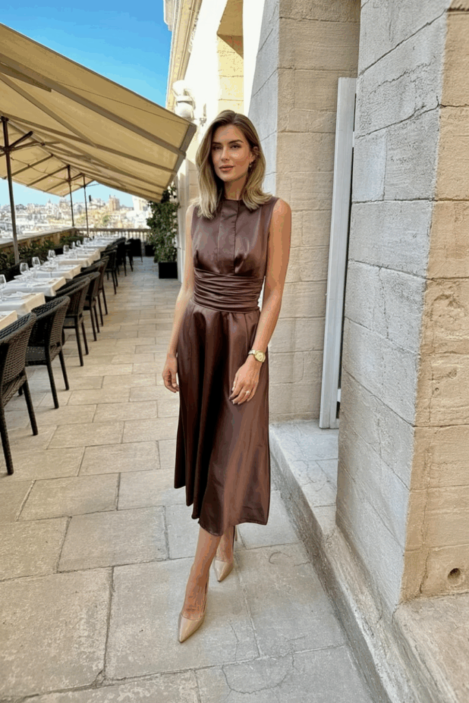 Woman wearing a brown silk midi dress with a structured waist and nude kitten heels