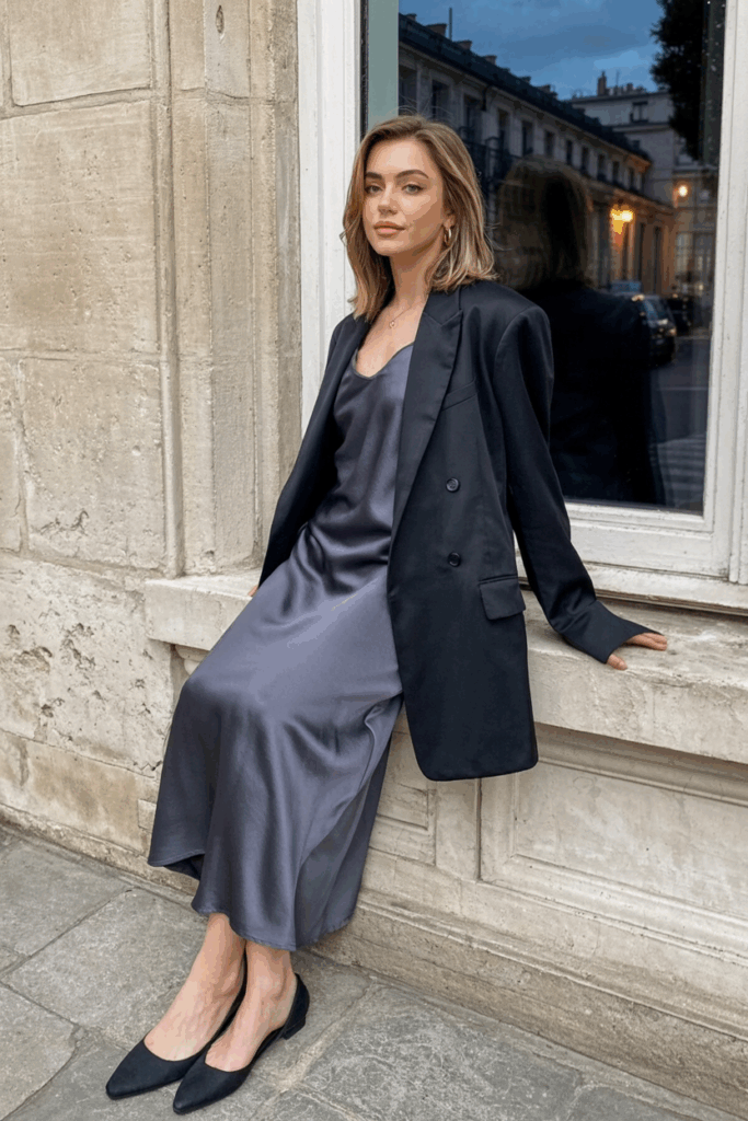 woman wearing a charcoal gray slip dress under a longline blazer with flat