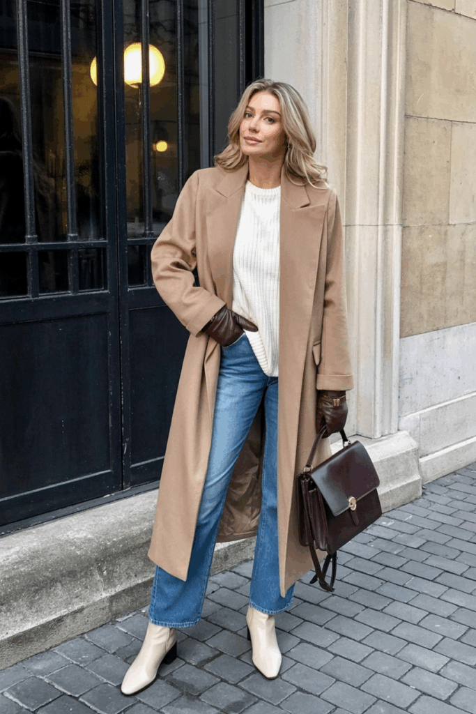 woman wearing a long camel wool coat over a winter white sweater, straight-leg jeans, and cream ankle boots. She adds a dark brown leather satchel and wool gloves