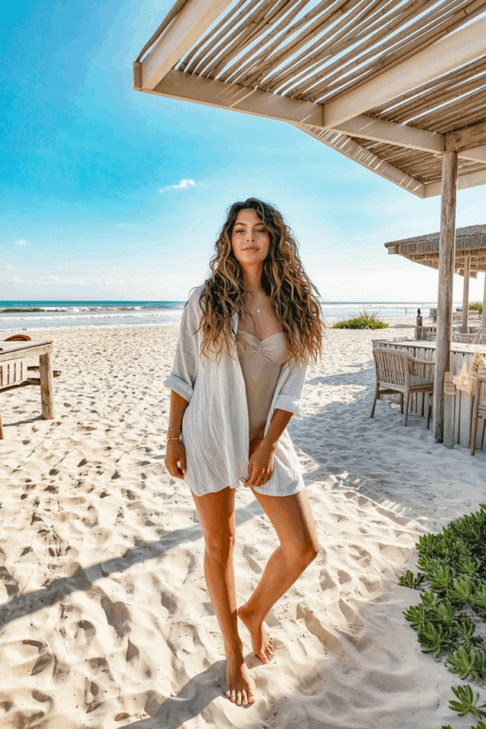 woman wearing a loose, knee-length white linen cover-up with rolled sleeves, paired with a simple beige swimsuit underneath