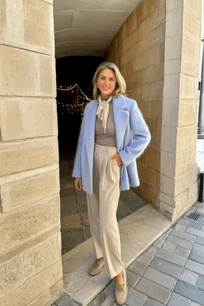 woman wearing a soft mohair-blend coat in pale lilac, styled over a neutral turtleneck and flowy trousers. She adds taupe loafers and a pale scarf to soften the outfit.