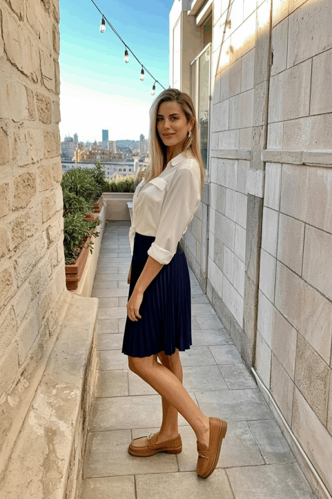 woman wearing a white blouse tucked into a navy pleated skirt with tan loafers