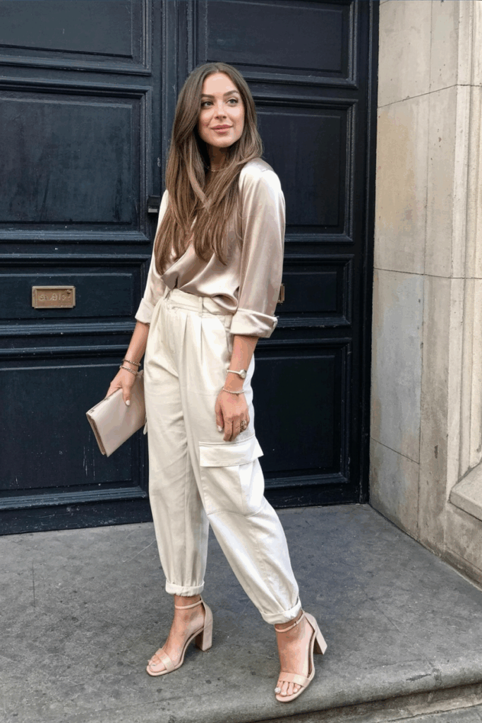 cream cargo pants, a champagne silk blouse with the sleeves rolled up, and nude ankle-strap heel