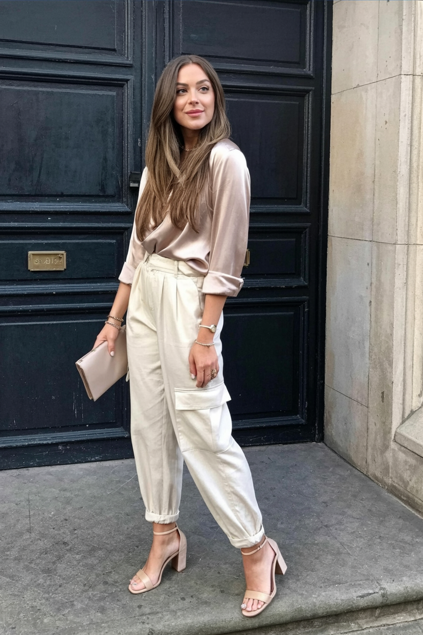 cream cargo pants, a champagne silk blouse with the sleeves rolled up, and nude ankle-strap heel