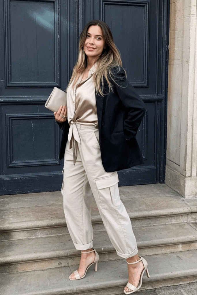 Black cargo pants, a black fitted blazer, a tucked silk cami, and pointed-toe mules