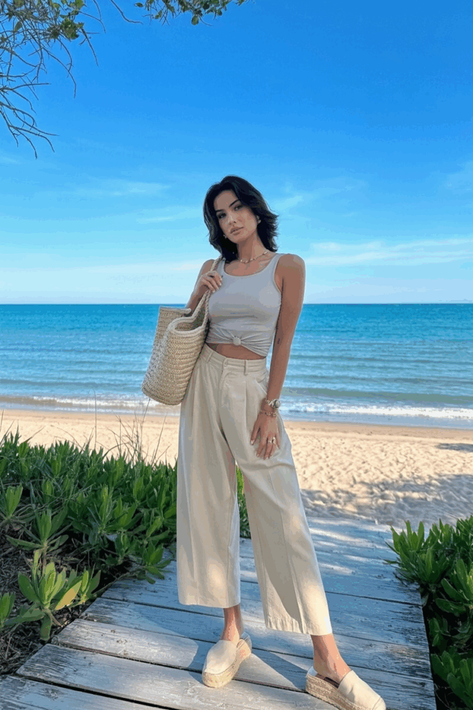 woman wearing cropped beige wide-leg pants, a tucked-in tank, and cream-colored espadrilles, carrying a straw tote