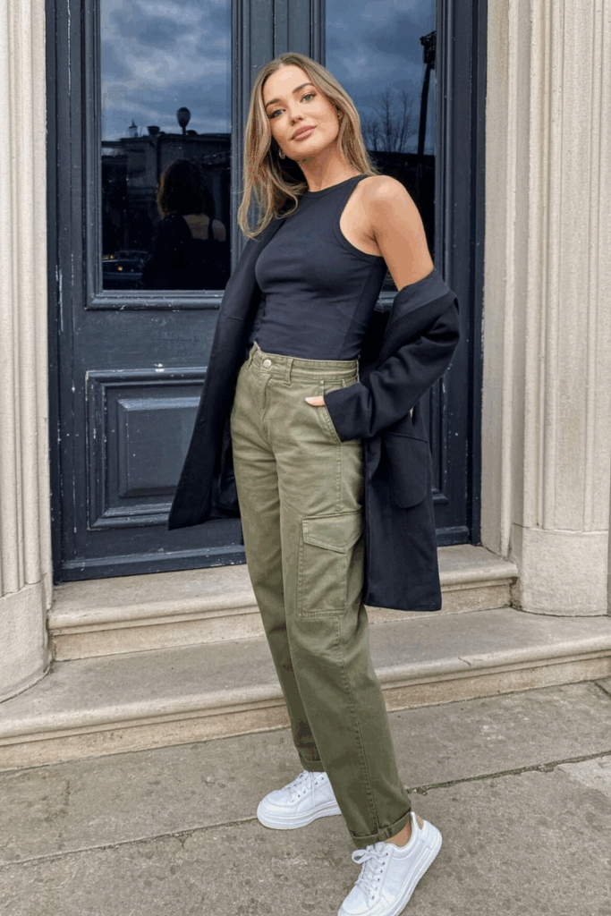 olive green straight-leg cargo pants, a fitted black tank top, and minimalist white sneaker