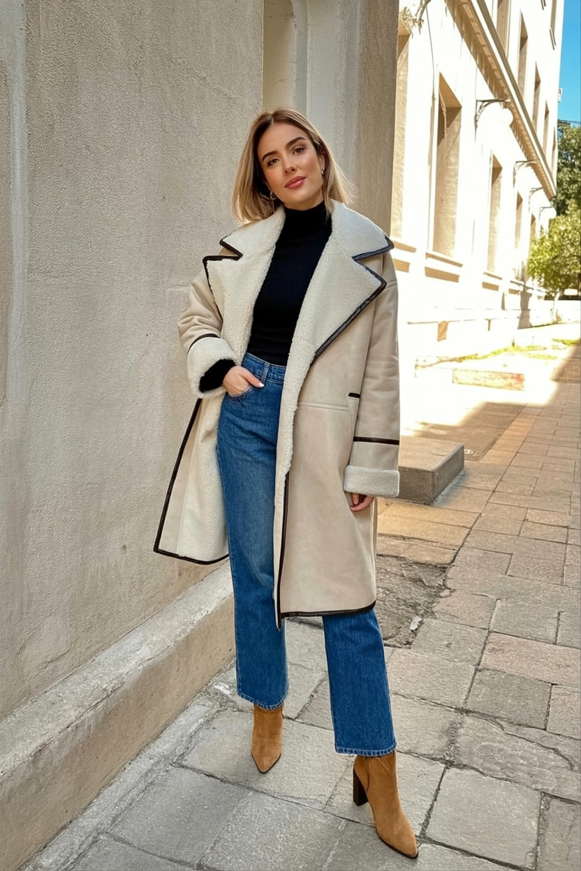 woman wears an oversized faux shearling coat with leather piping, paired with straight-leg jeans, a ribbed turtleneck, and tan heeled boots